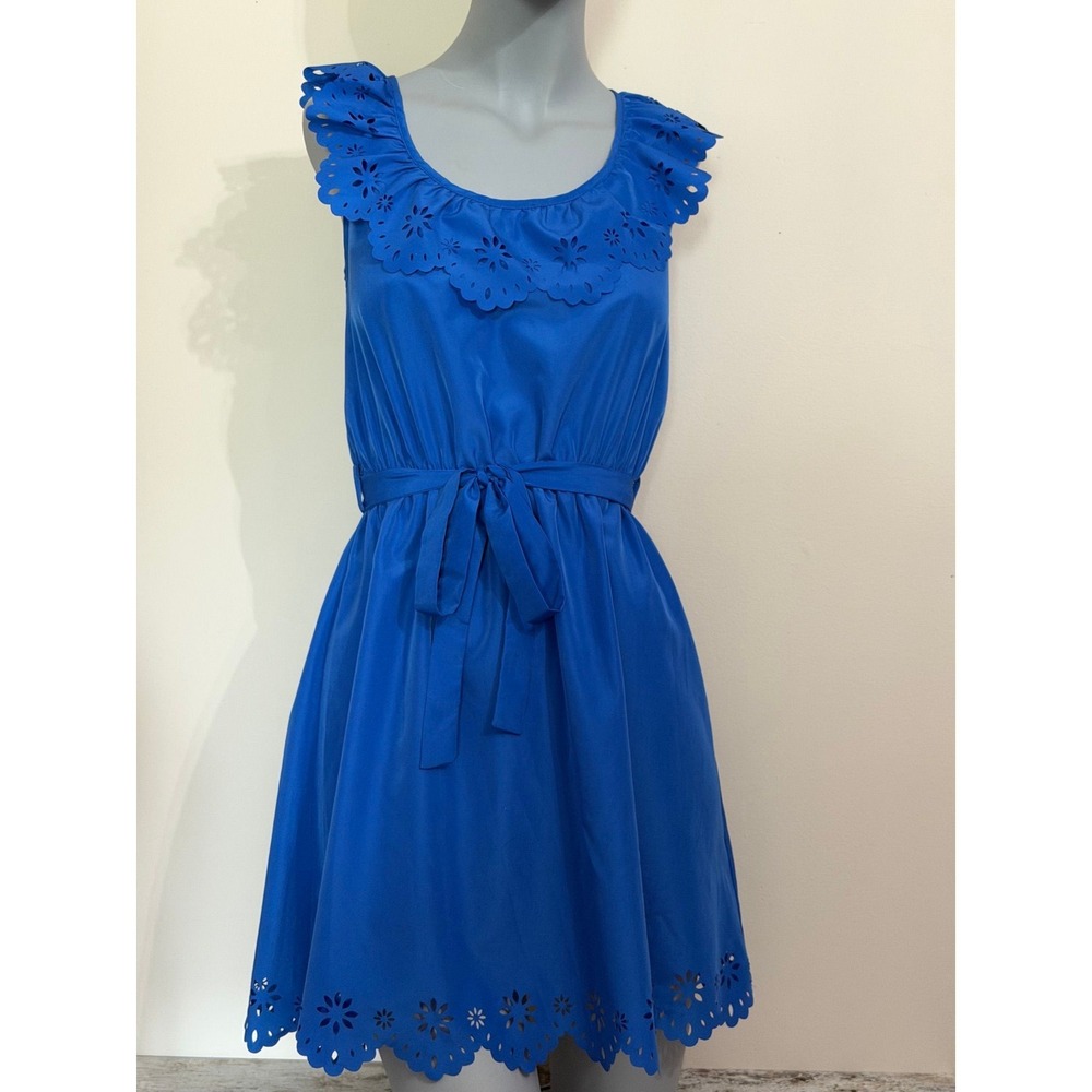 Blue Laser Cut Eyelet Sleeveless Dress Scalloped Hem Tie Waist Fit Flare Summer‎